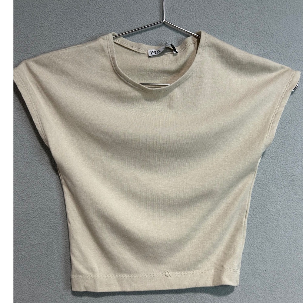 Zara Cropped Top‎ T-Shirt Women Medium Beige Cap Sleeve Minimalist Neutral Basic